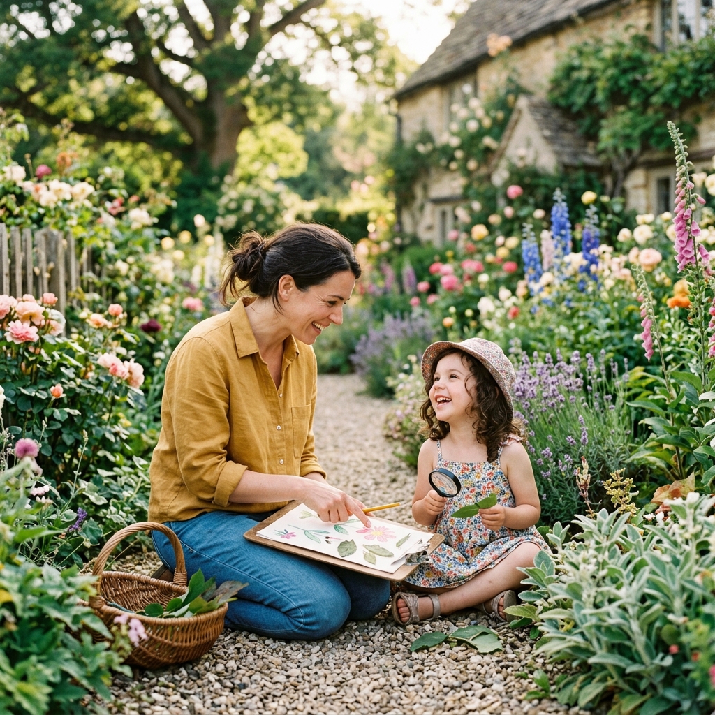 Parent teaching child in garden