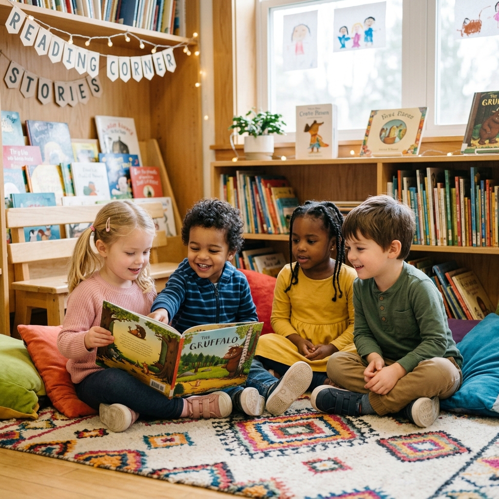 Indian children looking at book in reading corner